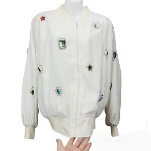 Minimalist Neutral White pearl embellished Embroidered Zip Up Jacket size M